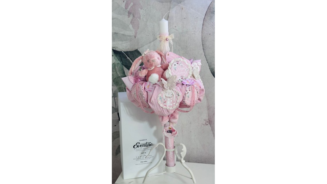 Lumanare de botez cu iepuras roz si pattern floral Happy Bunny 2